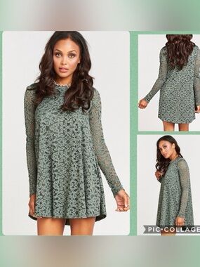 Show Me Your MuMu Tyler Tunic A Line Long Sleeve Scoop Neck Lace Dress Green S